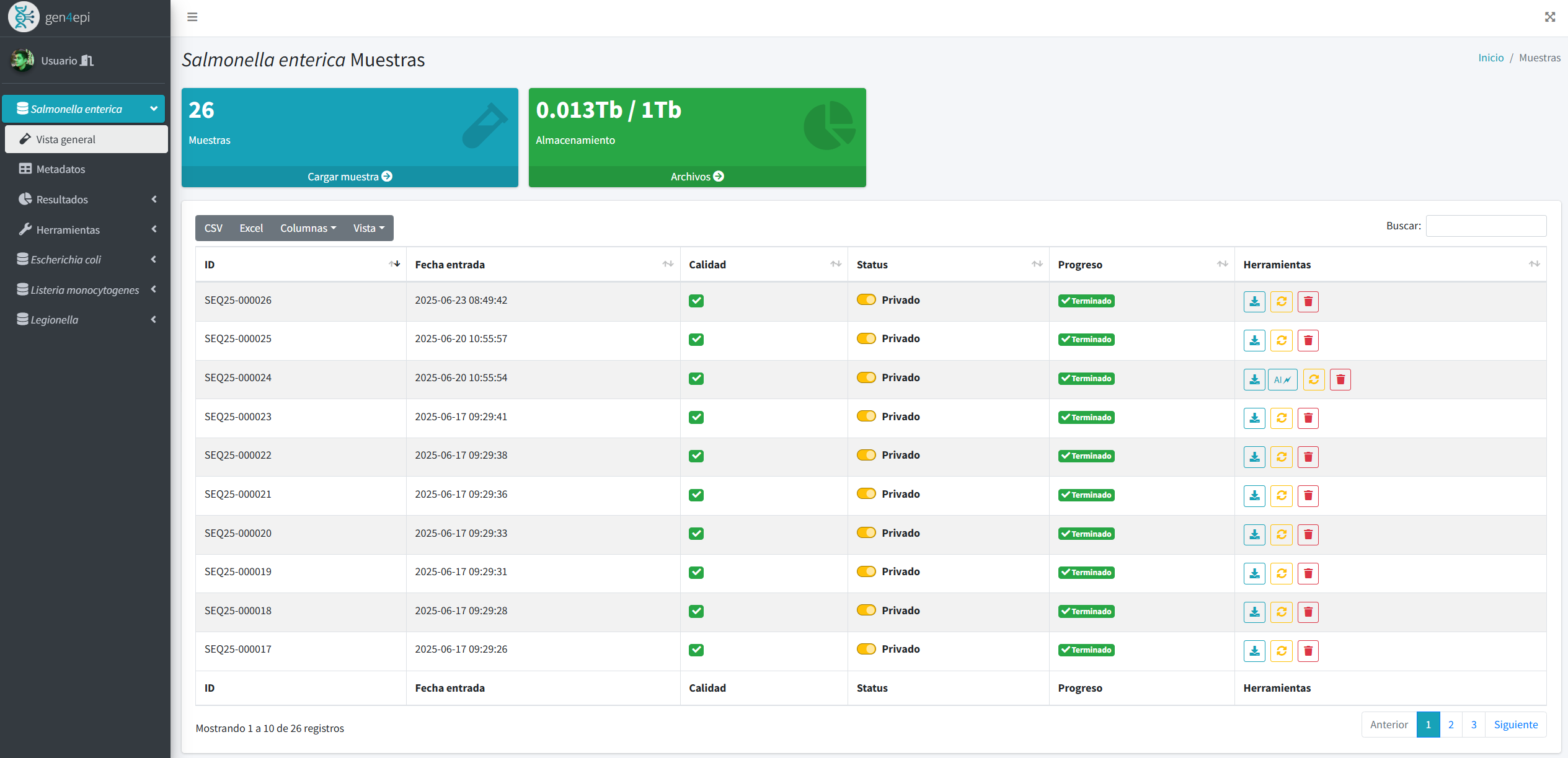 Interfaz de gen4epi mostrando la subida de secuencias genómicas
